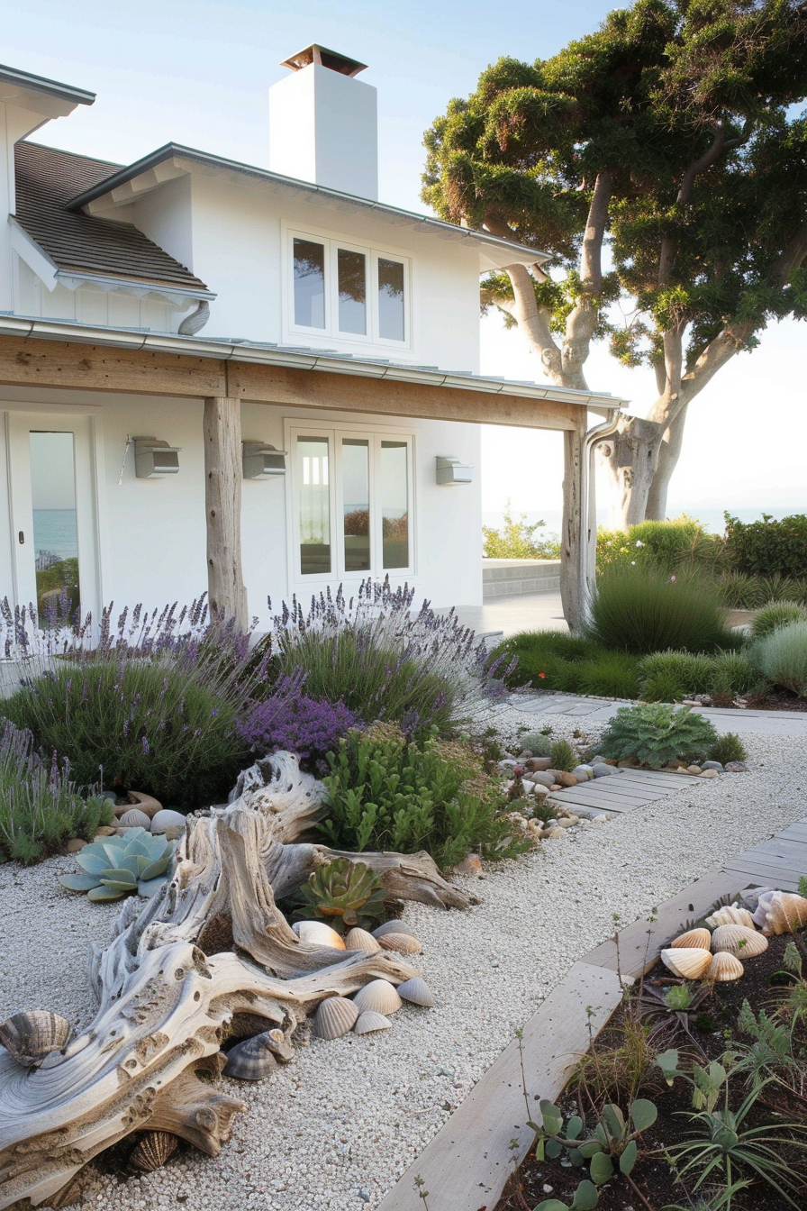 Coastal Mediterranean yard with light-colored gravel and succulents