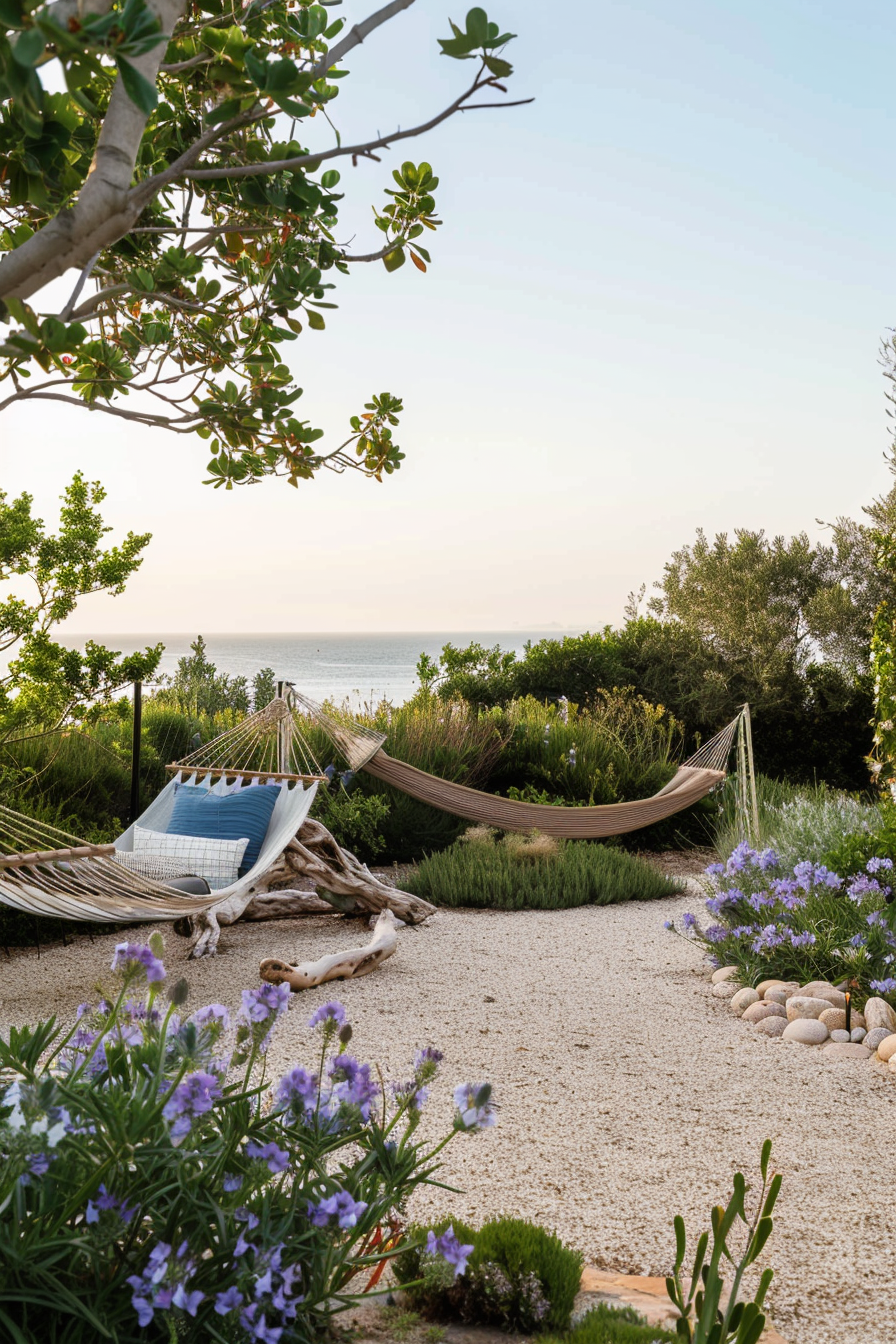 Weathered wooden bench and driftwood in a coastal theme yard