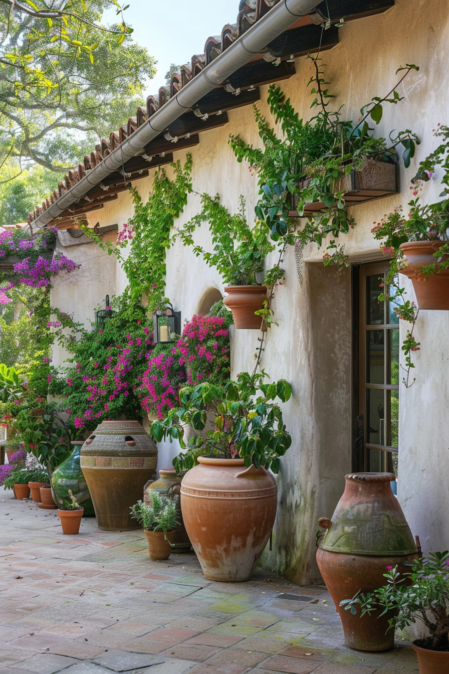 Stucco walls with niches and cascading plants in a Mediterranean garden