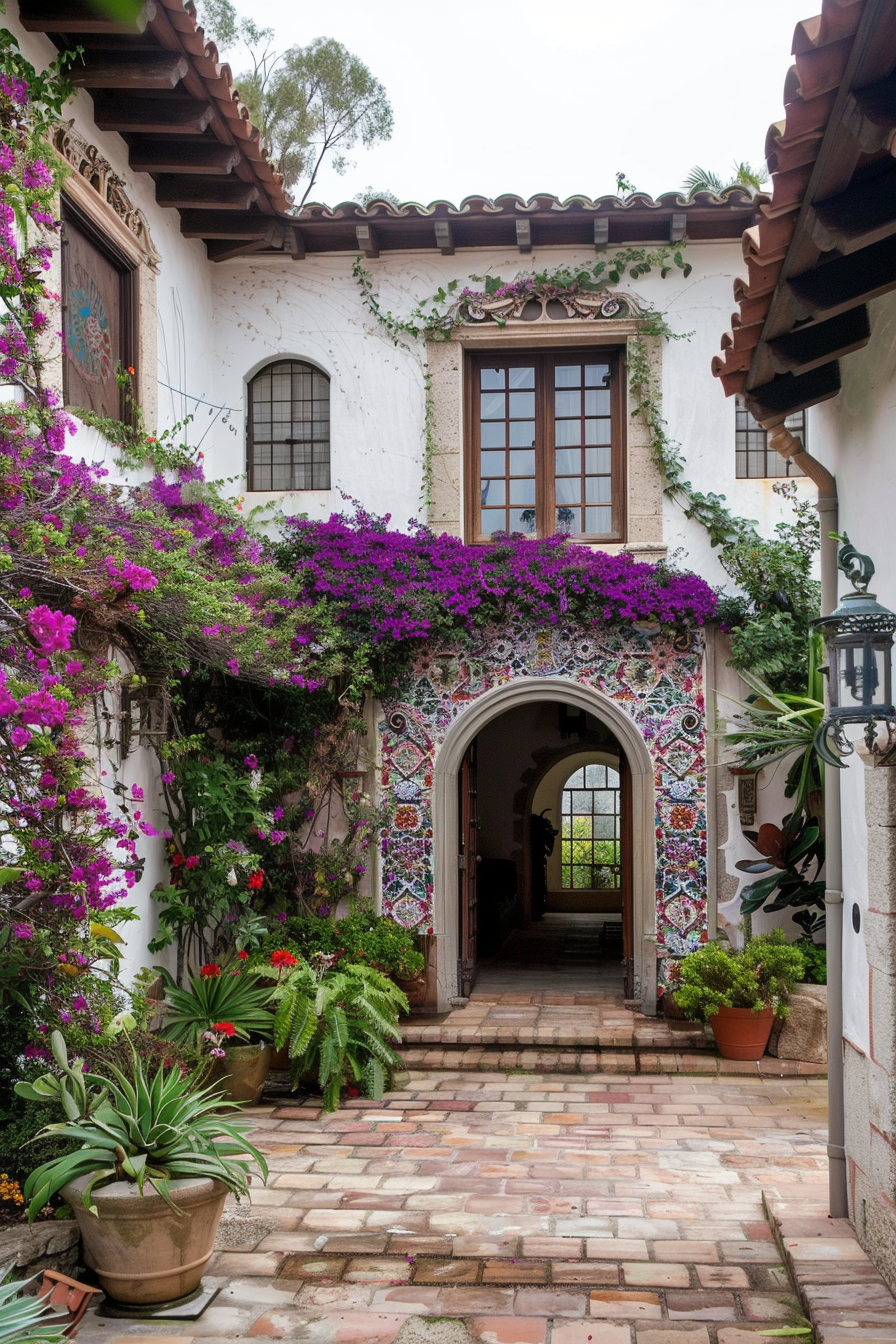 Climbing jasmine and ivy on a stone wall in a Mediterranean garden