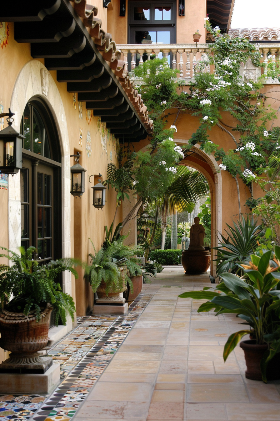 Mosaic tile accents on stucco walls with climbing plants