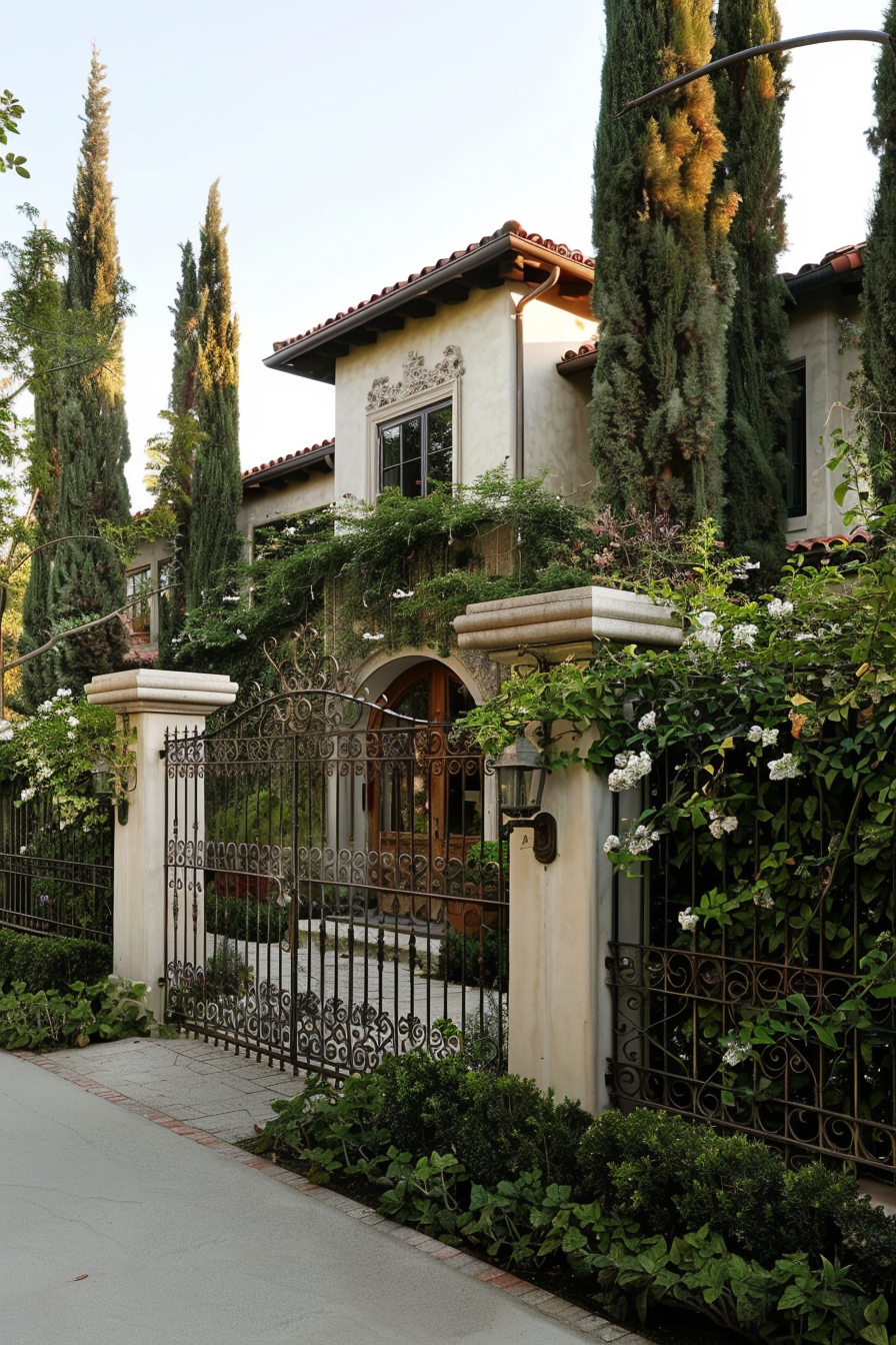 Wrought iron fence with ornate patterns and climbing jasmine