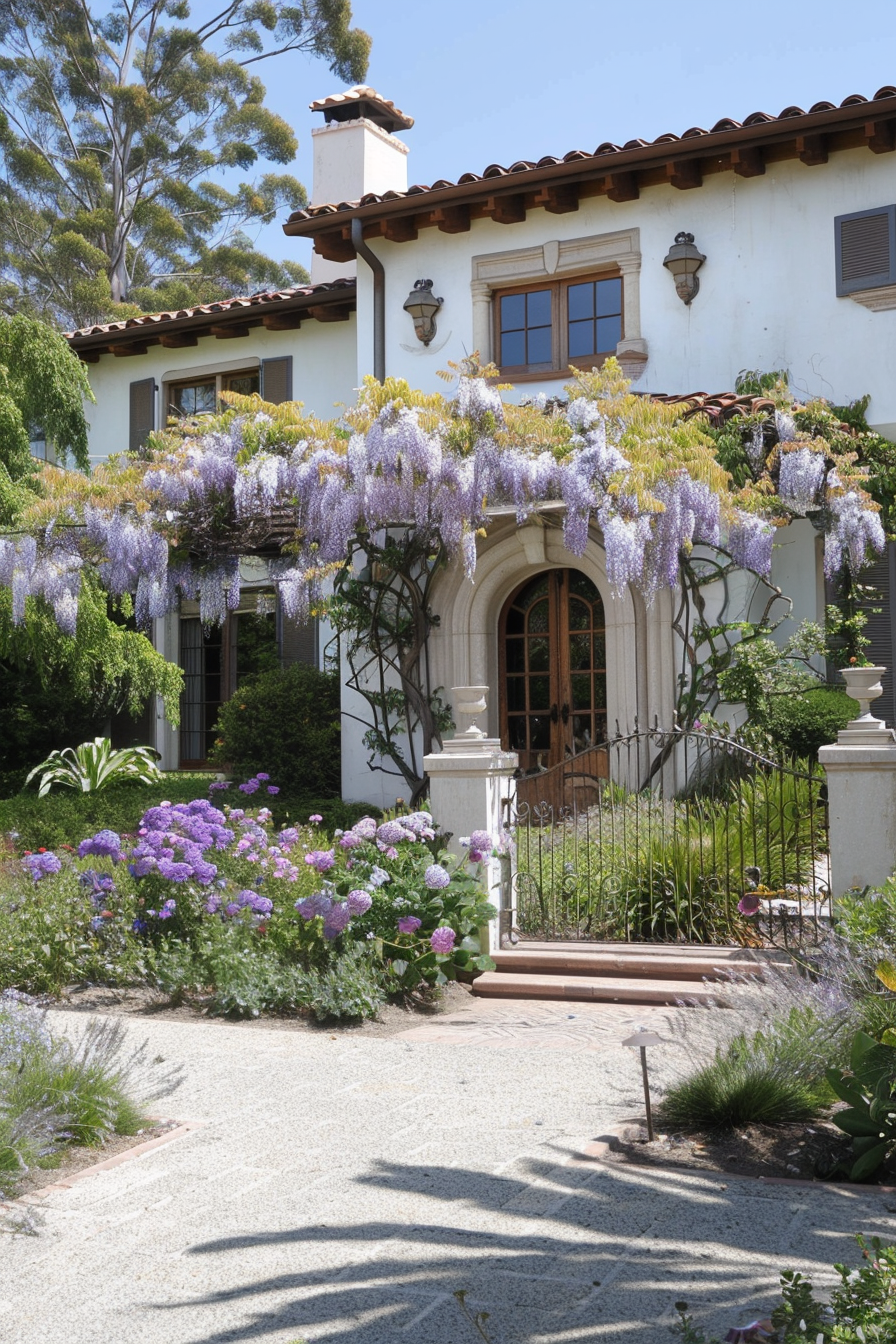 Wooden fence painted white with lattice details and wisteria