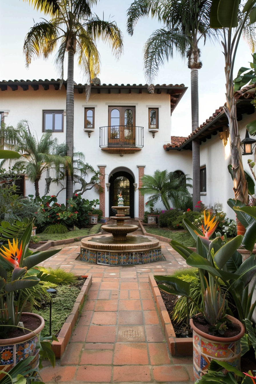 Spanish-style yard with terracotta tile pathways and lush plants