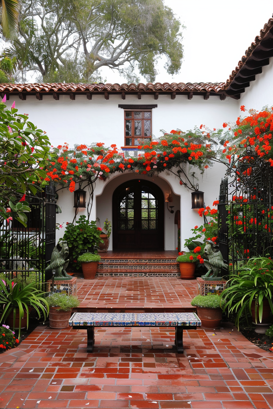 Lush tropical plants around a courtyard fountain in a Spanish yard