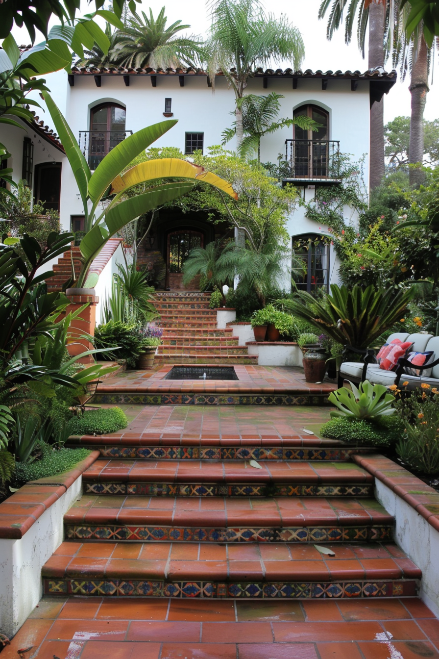 Wrought iron gates and patterned textiles in a Spanish-style yard