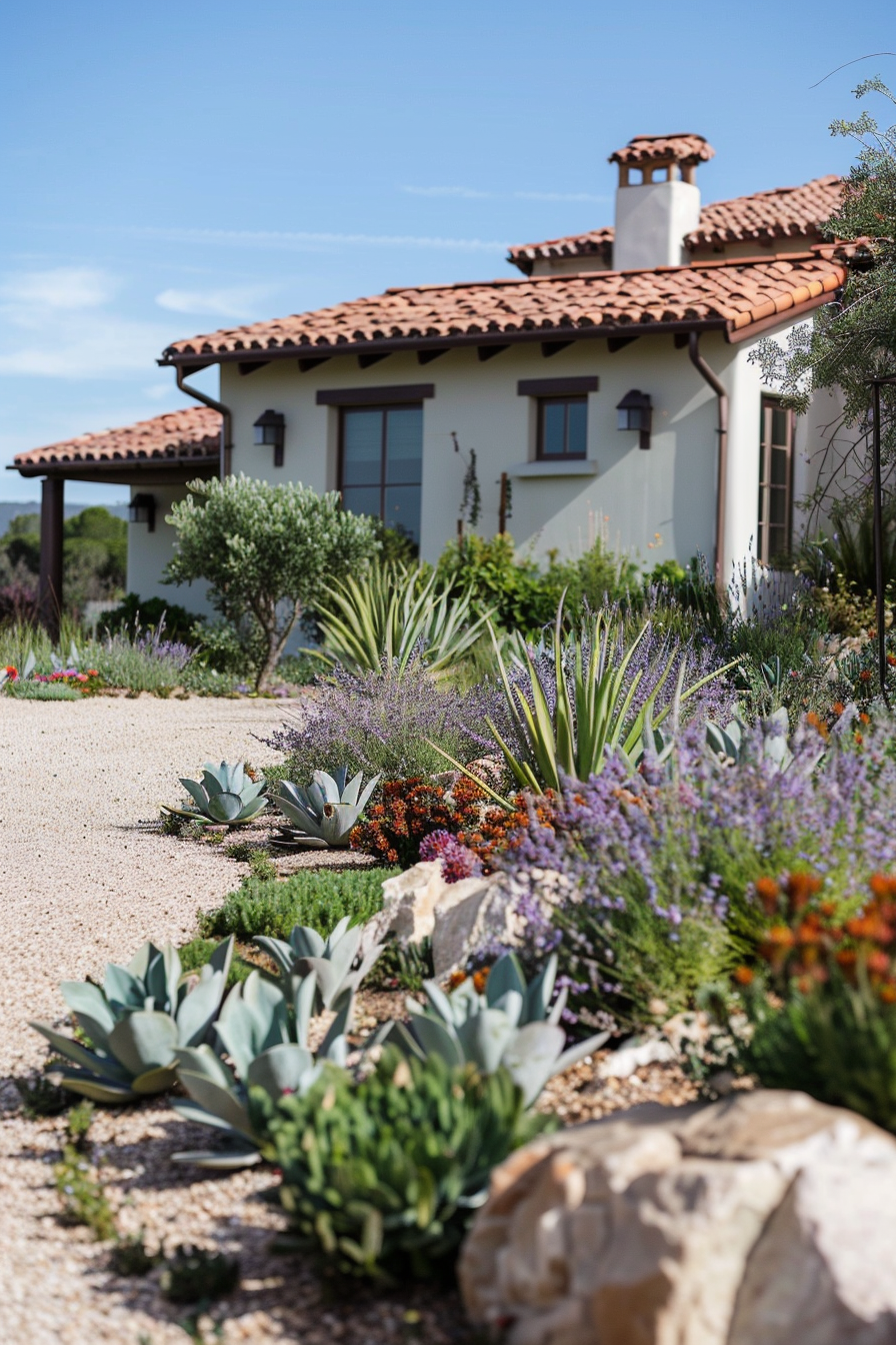 Drought-tolerant yard with gravel and succulents