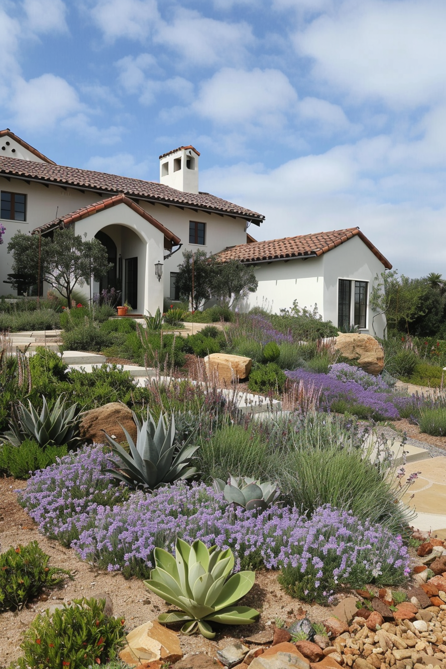 Decorative gravel and stone pathways in a Mediterranean yard