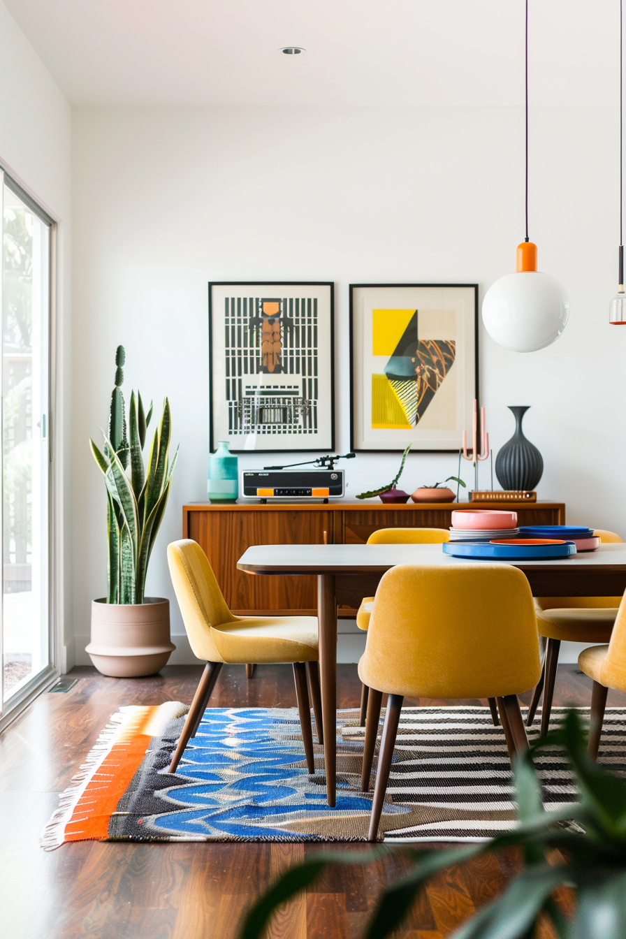 Dining room with art and decor with a retro vibe