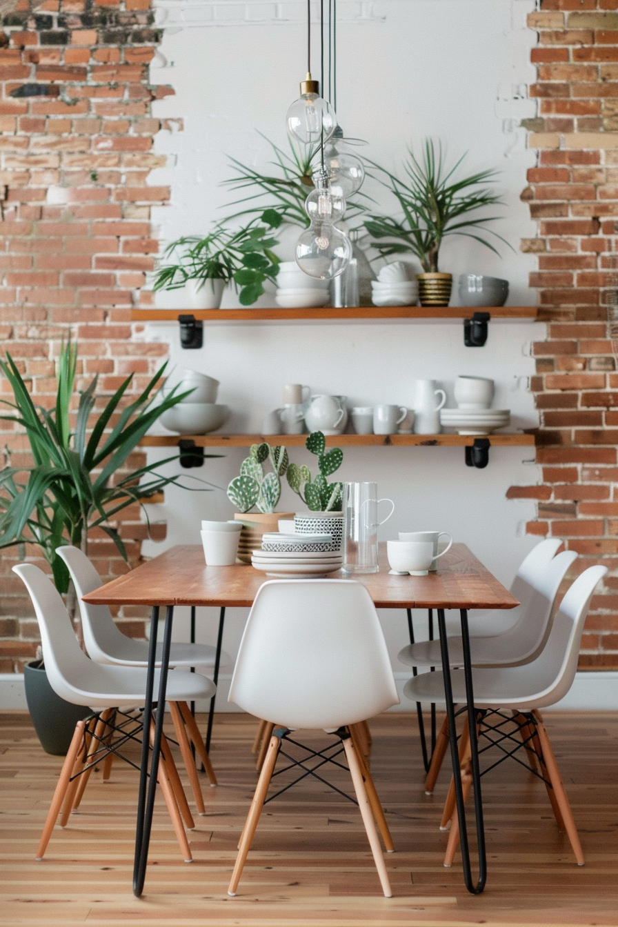 Dining room mixing natural and industrial materials