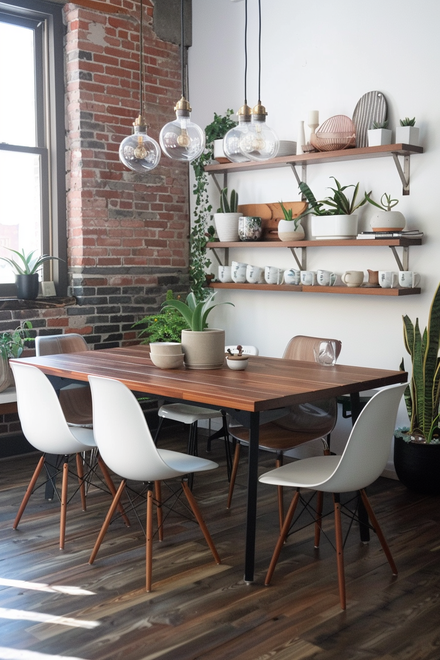 Dining room mixing natural and industrial materials