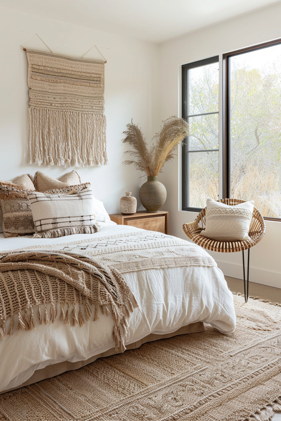 Woven blanket and macramé wall hanging in a mid-century modern bedroom