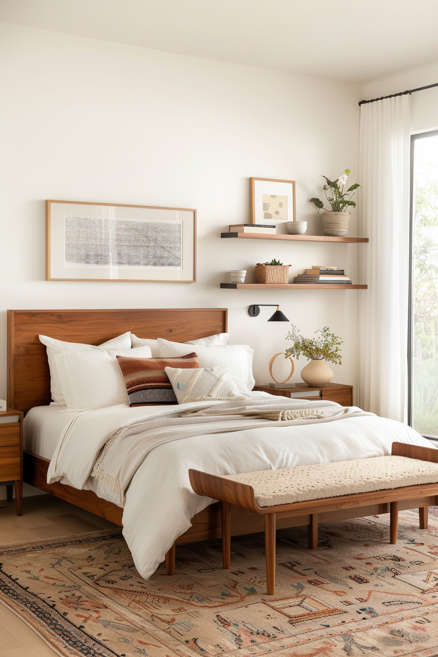 Bed with built-in storage drawers and a headboard with shelving in a mid-century modern bedroom