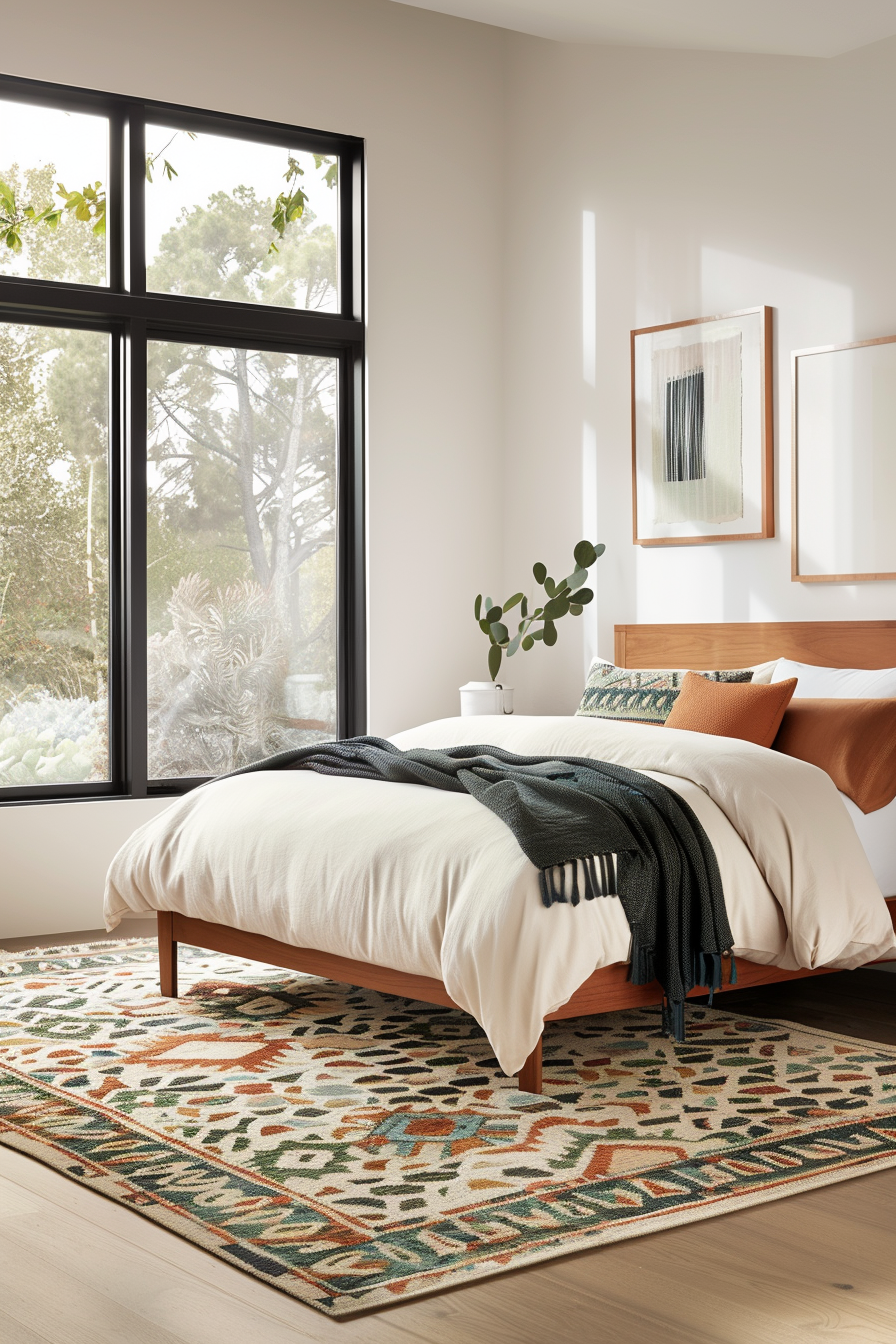 Statement rug in a mid-century modern bedroom