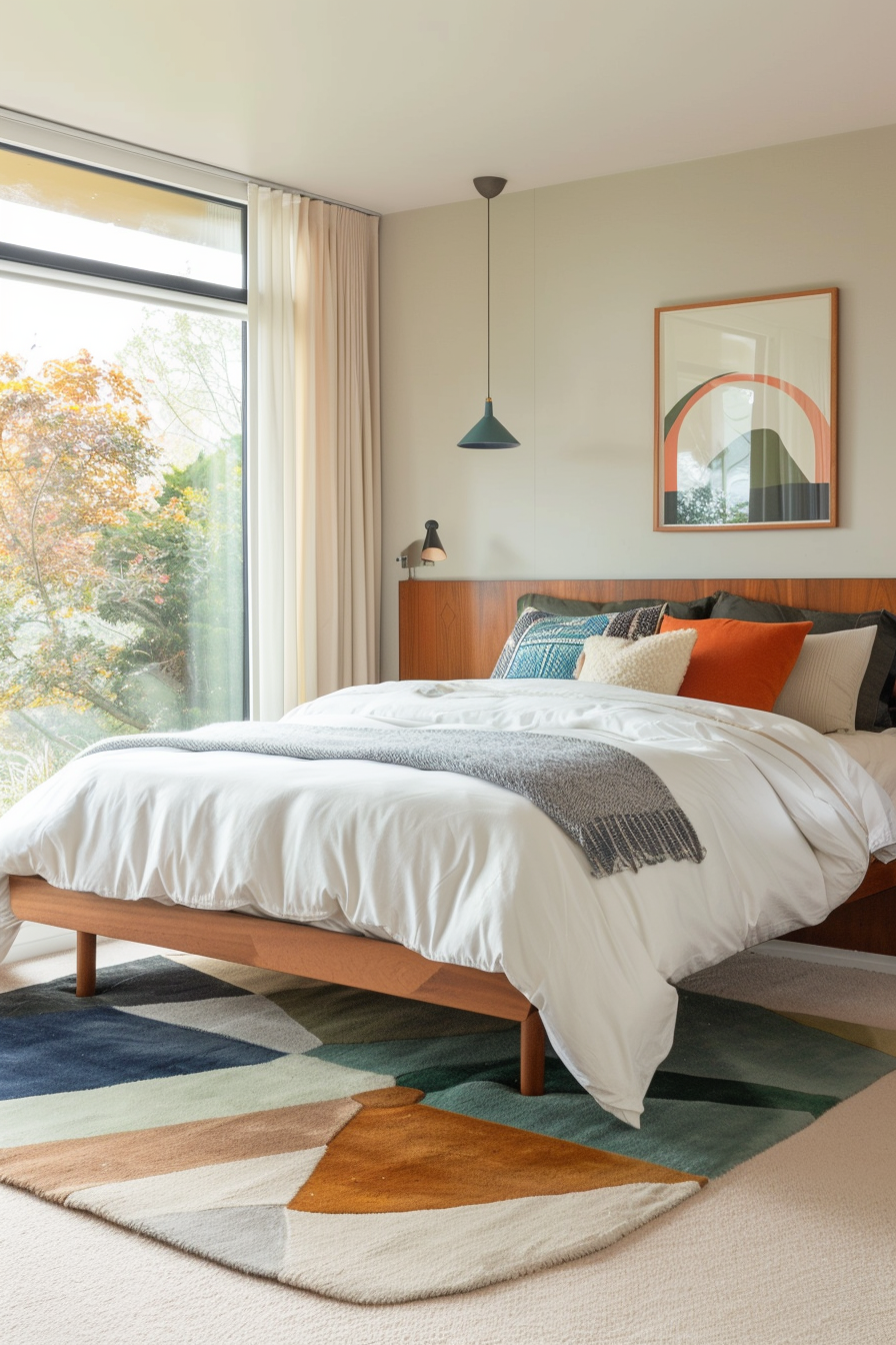 Geometric patterned rug in a mid-century modern bedroom