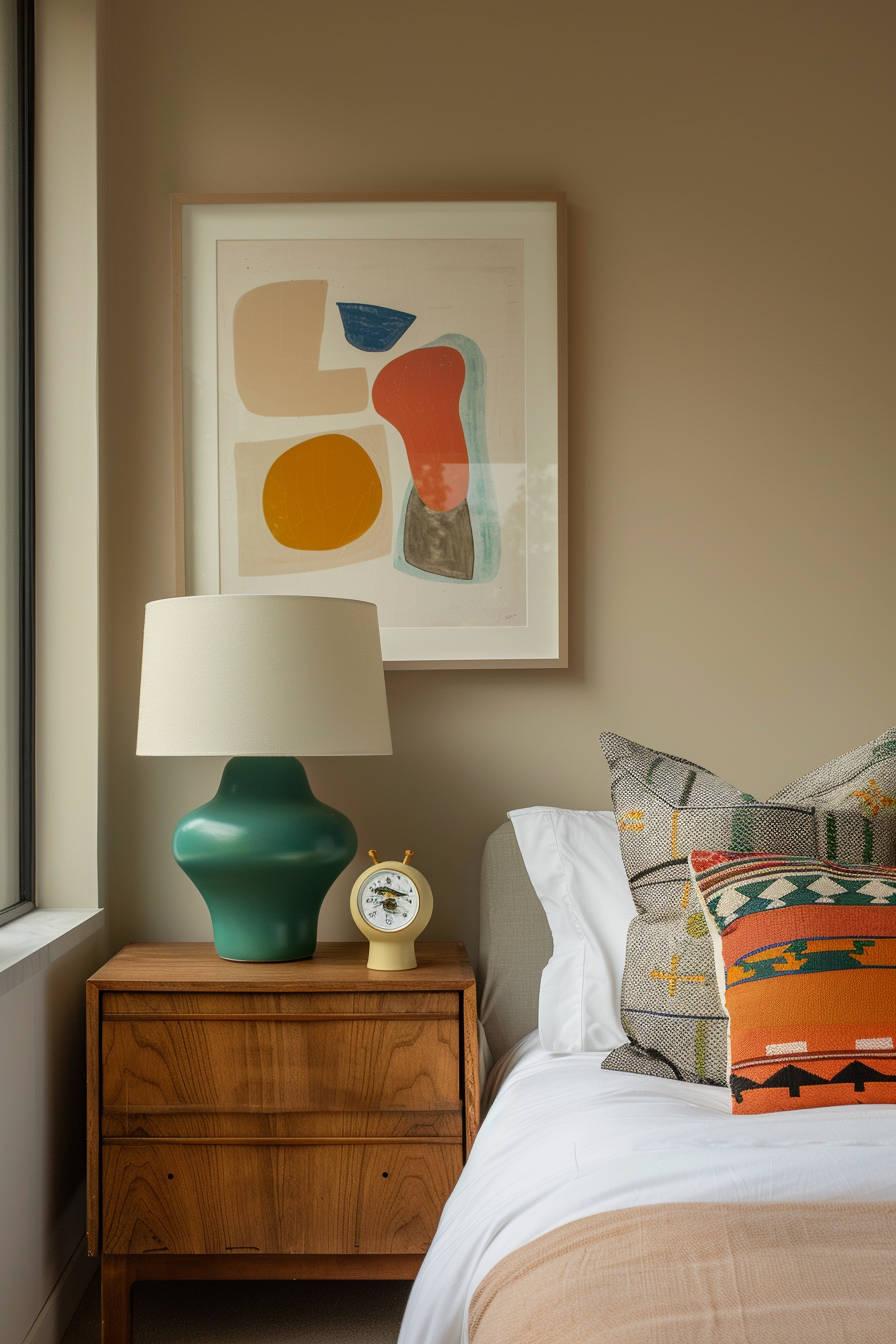 Retro art and decor in a mid-century modern bedroom