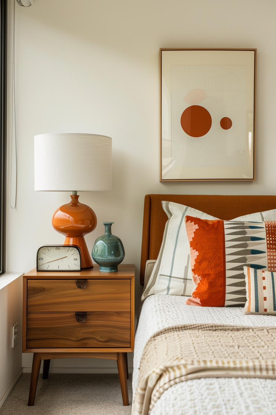 Retro art and decor in a mid-century modern bedroom