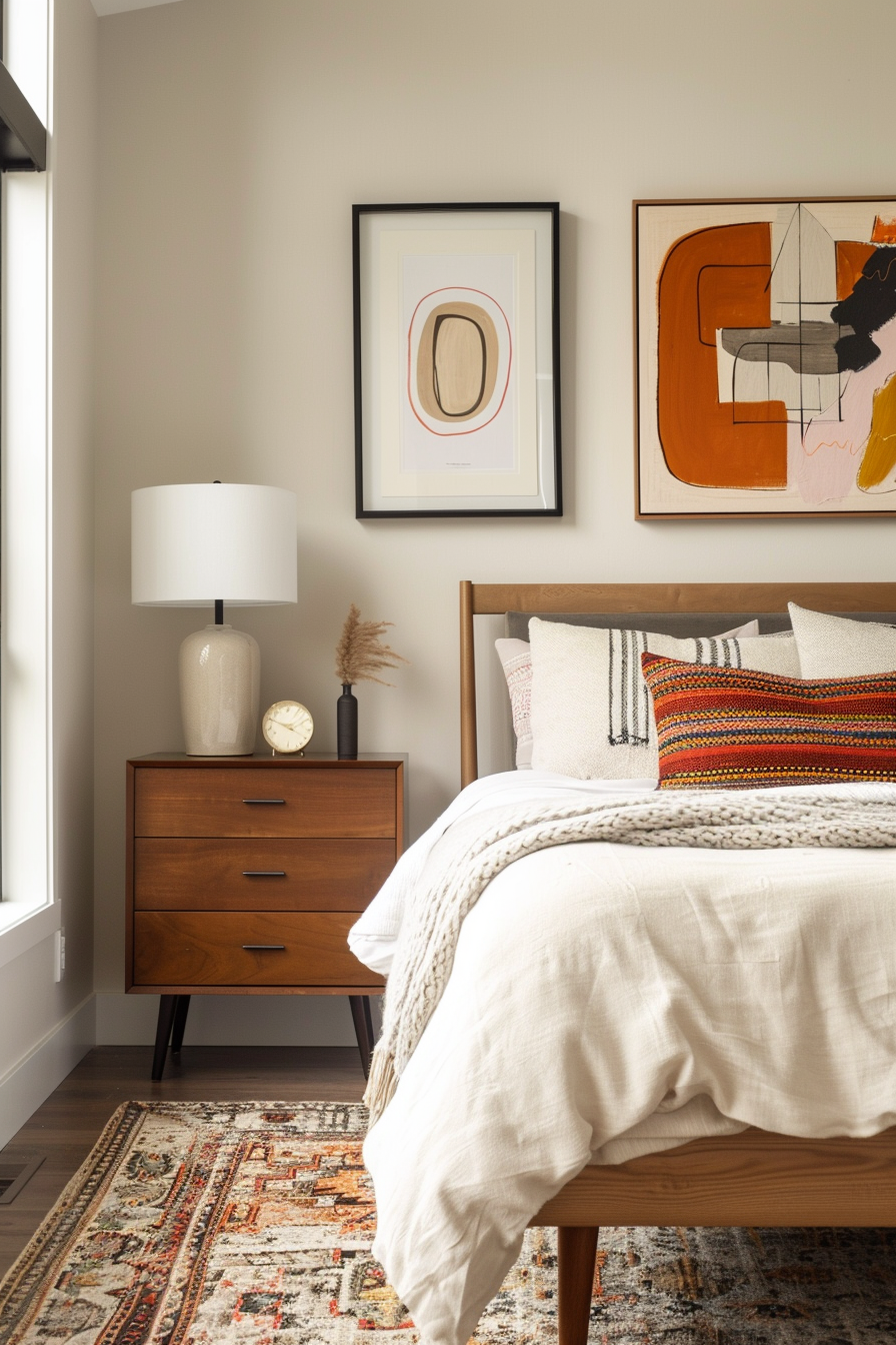Retro art and decor in a mid-century modern bedroom