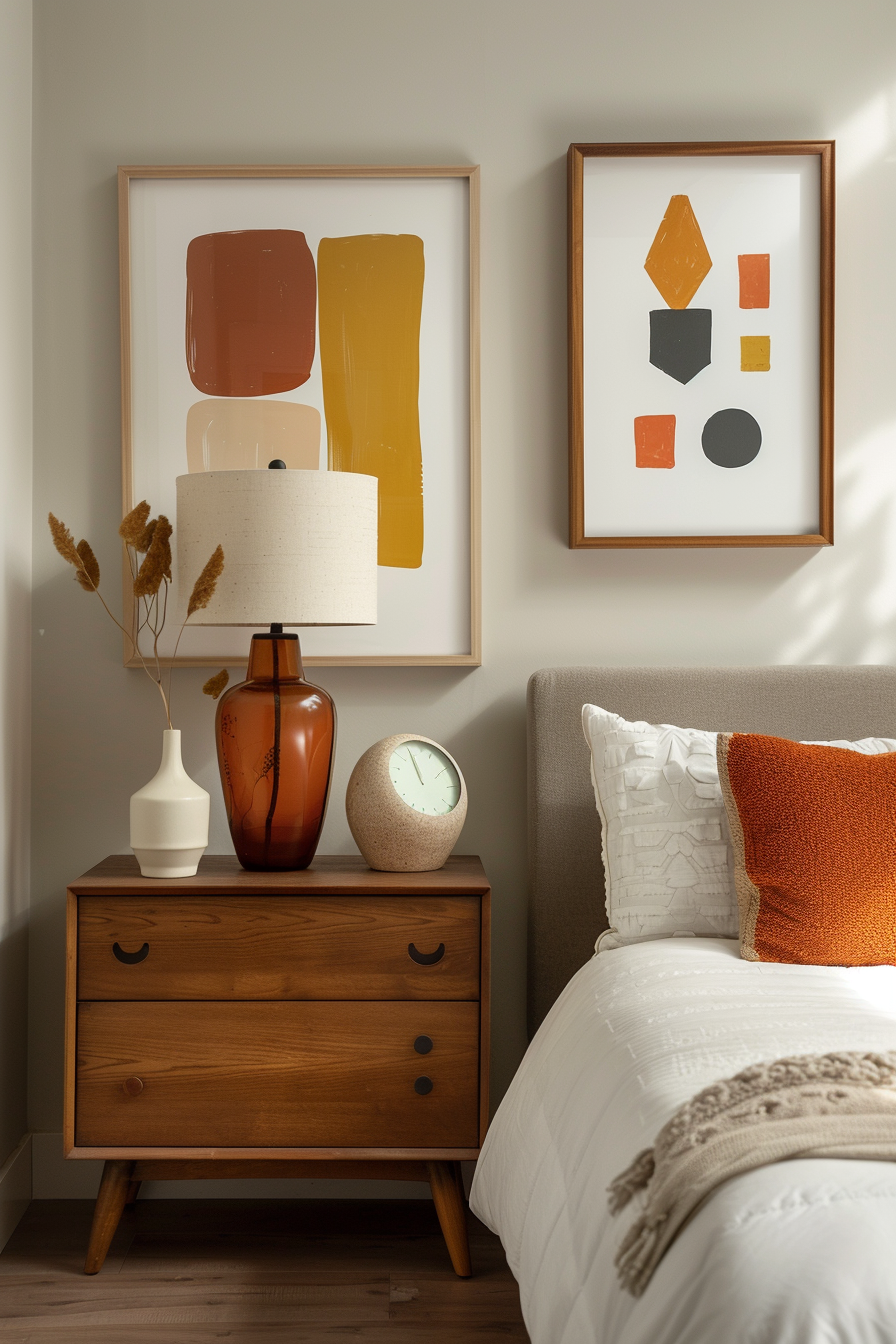 Abstract artwork and vintage-inspired lamps in a mid-century modern bedroom
