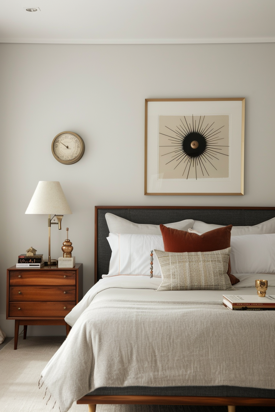 Sunburst mirror and stylish accessories in a mid-century modern bedroom
