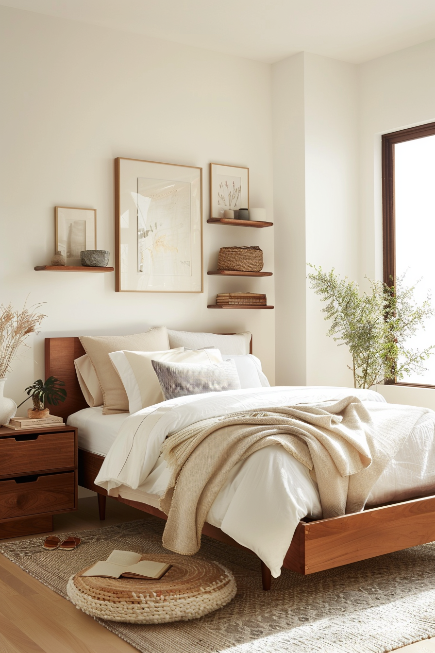 Hidden storage and wall-mounted shelves in a mid-century modern bedroom