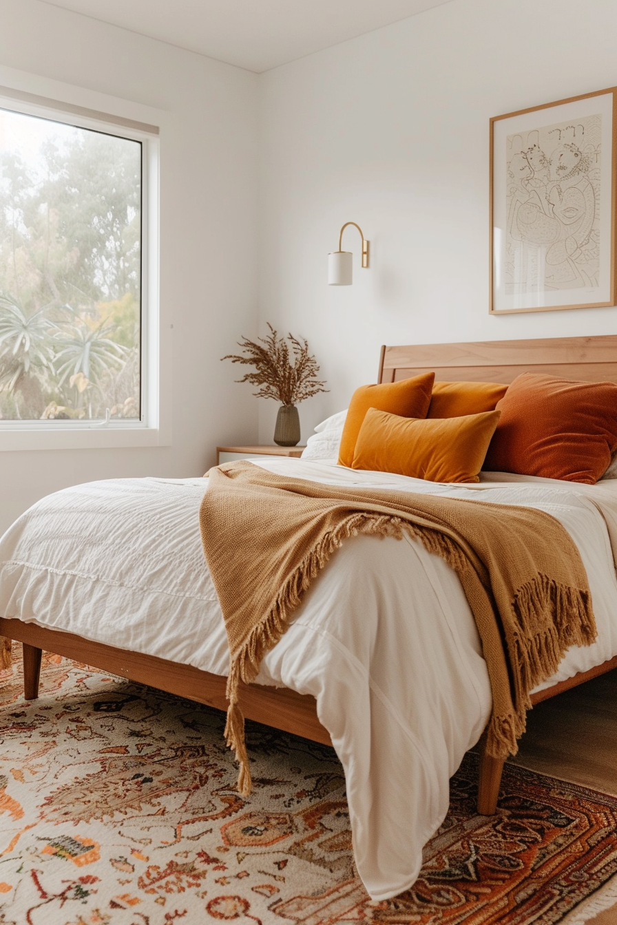 Neutral base and earthy accents in a mid-century modern bedroom