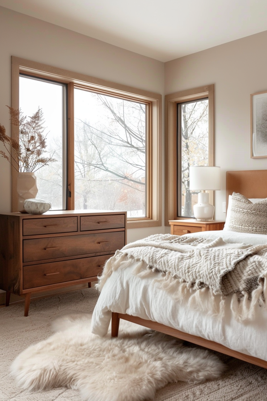 Natural materials and textures in a mid-century modern bedroom