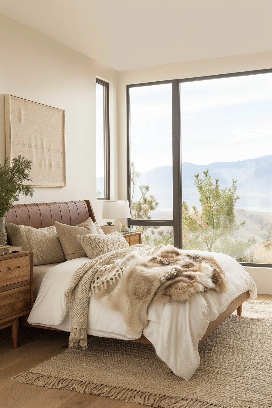 Walnut dresser and woolen textiles in a mid-century modern bedroom