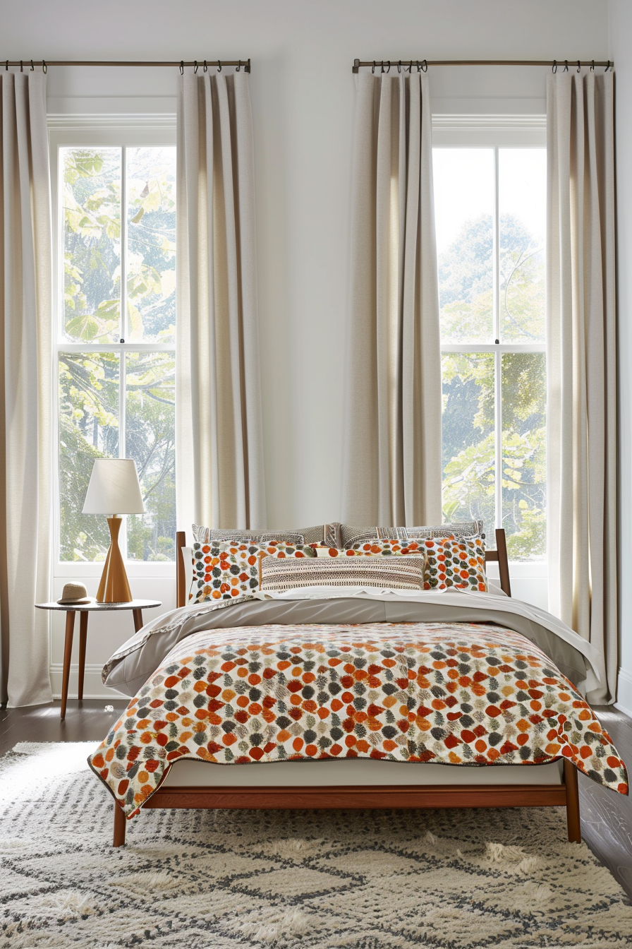 Playful patterns and rich textures in a mid-century modern bedroom