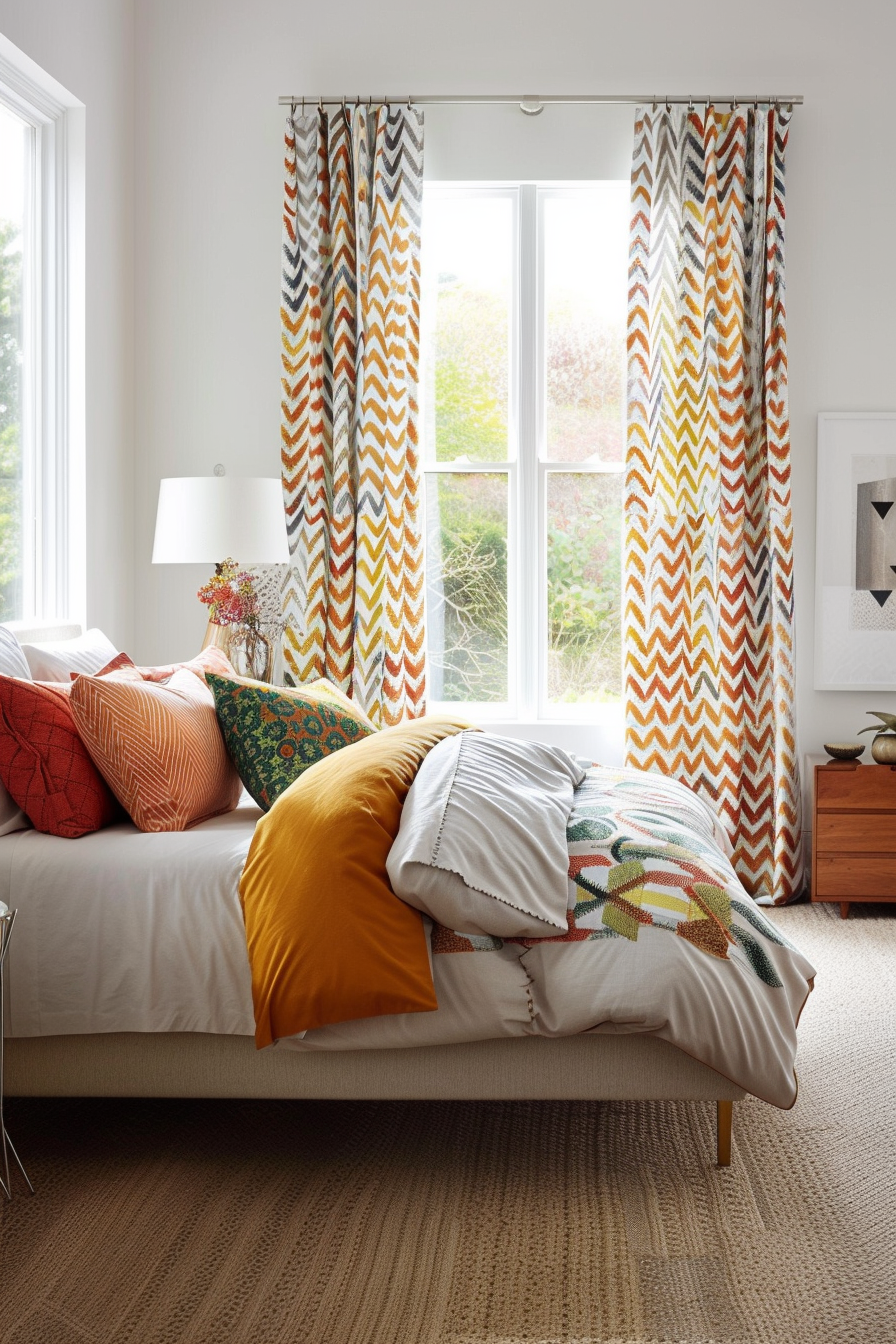 Geometric duvet cover and patterned area rug in a mid-century modern bedroom