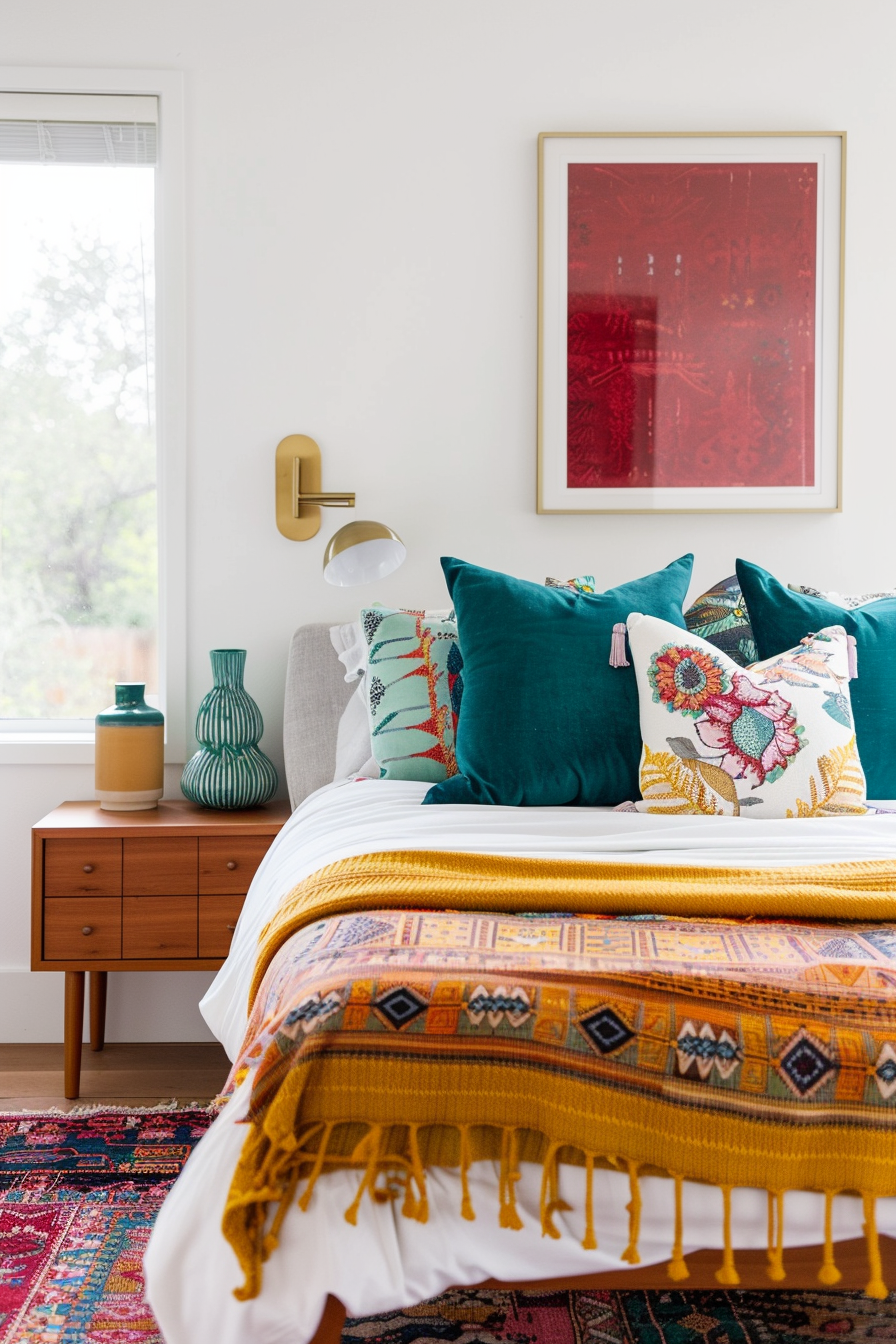 Mid-century modern bedroom with vibrant accessories