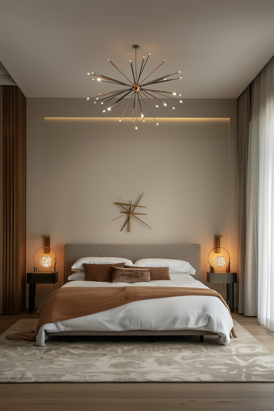 Sputnik chandelier and brass sconces in a mid-century modern bedroom