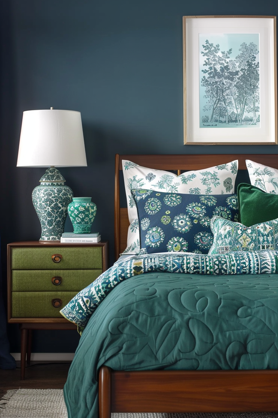 Blue and green accents in a mid-century modern bedroom