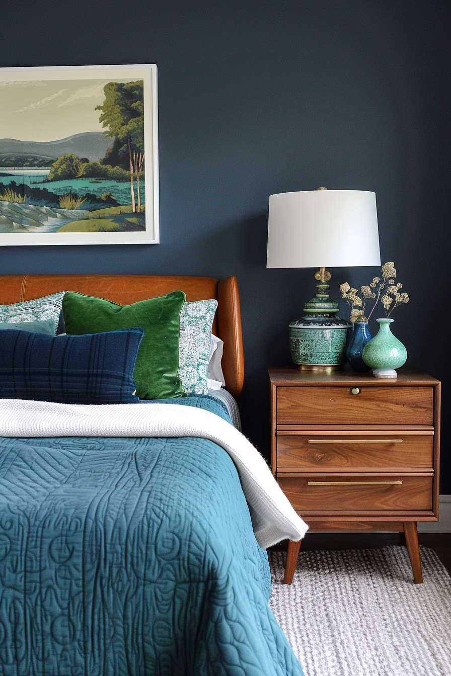 Blue and green accents in a mid-century modern bedroom