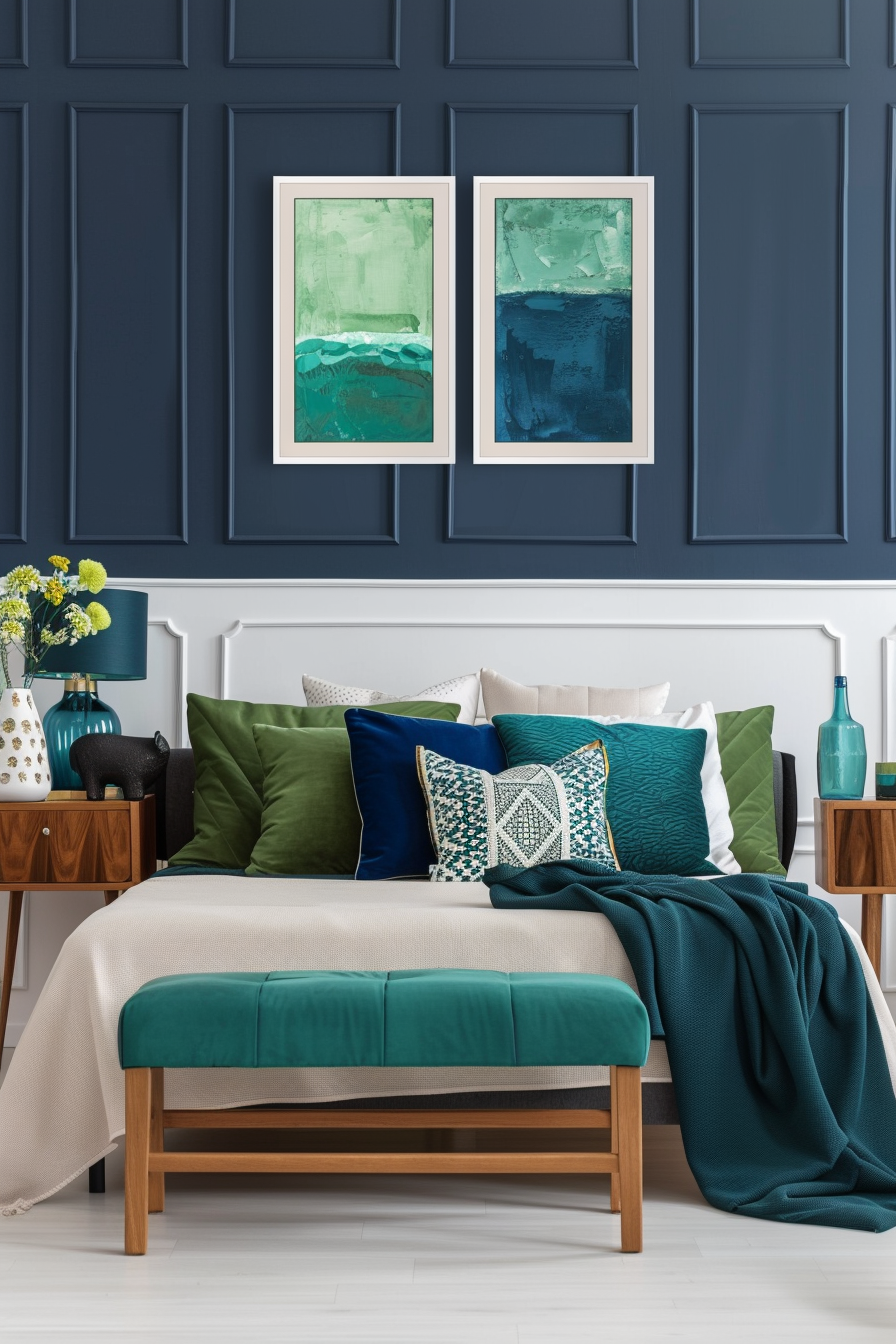 Blue and green accents in a mid-century modern bedroom