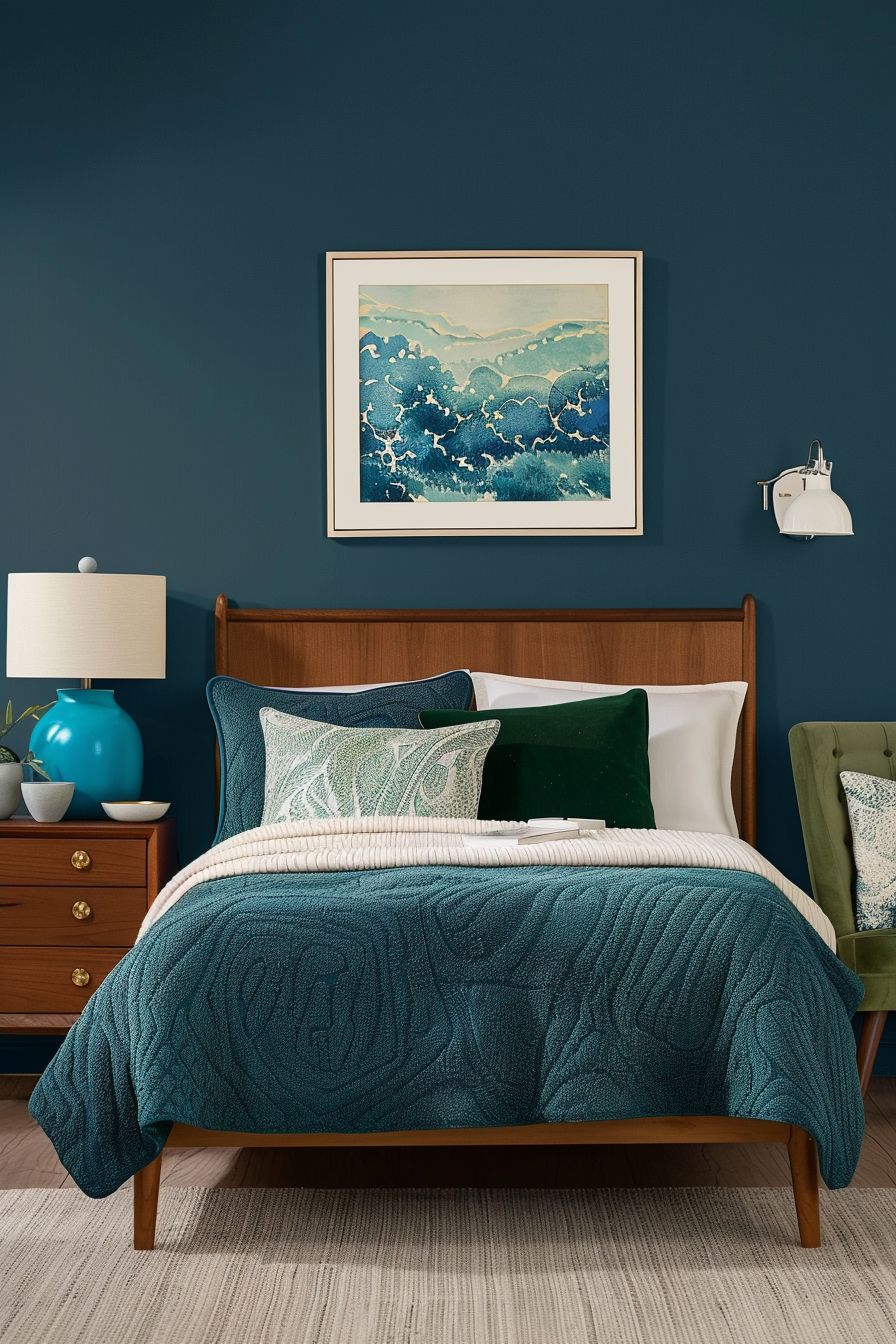 Teal bedspread and emerald green cushions in a mid-century modern bedroom