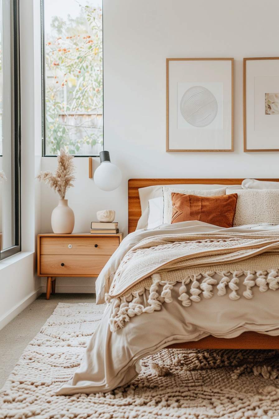 Layered bed with plush pillows and cozy blankets in a mid-century modern bedroom