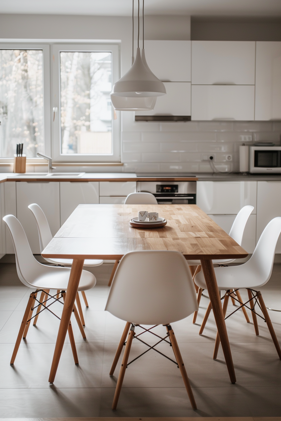 Eames chairs around wooden dining table