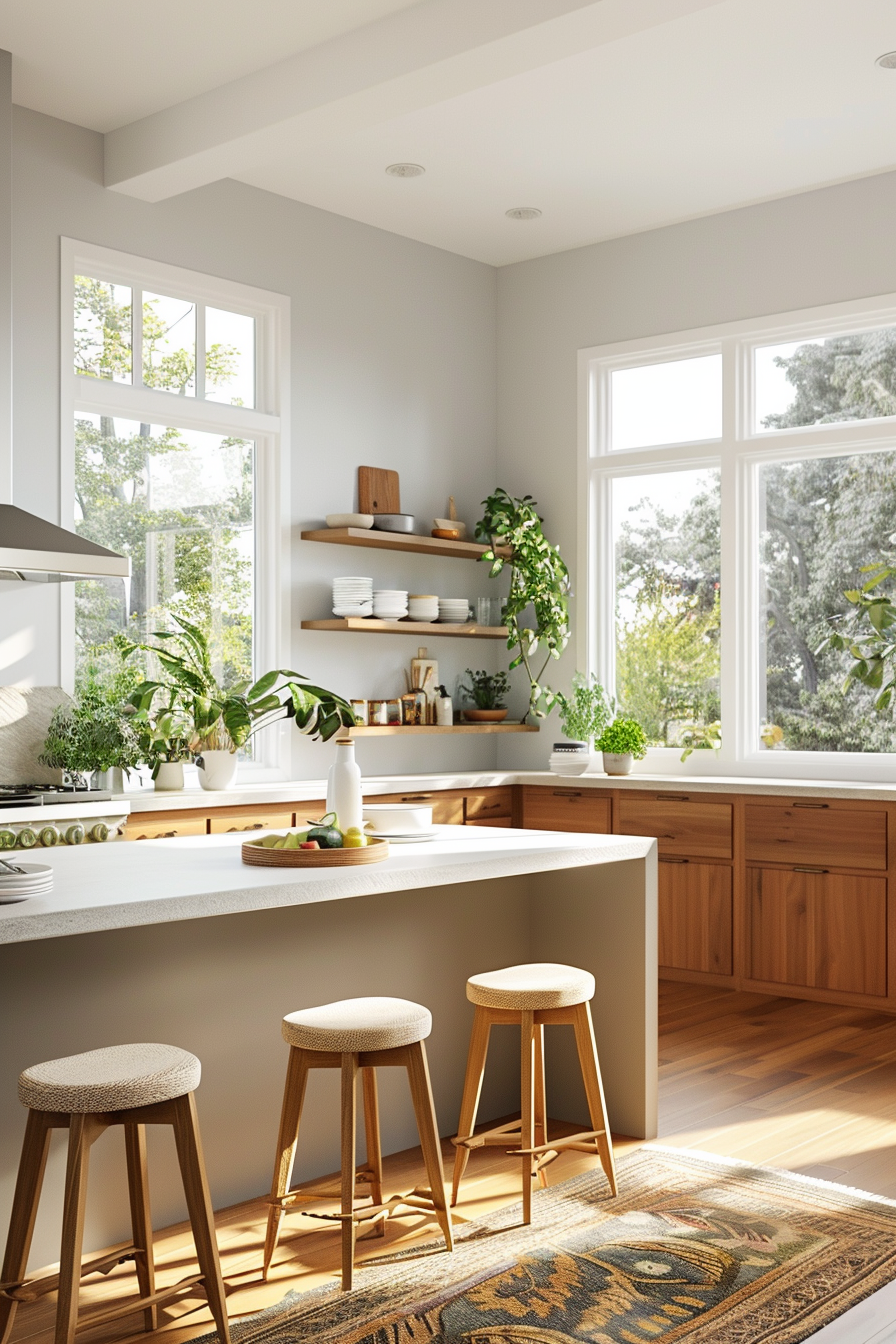 Teak cabinetry with quartz countertop