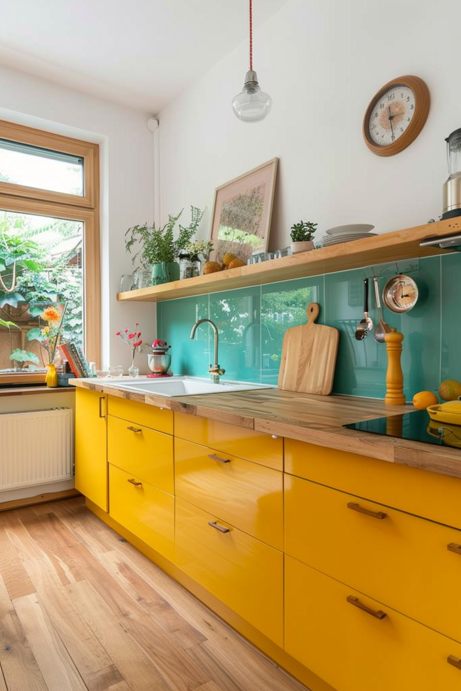Mustard yellow cabinets with teal backsplash