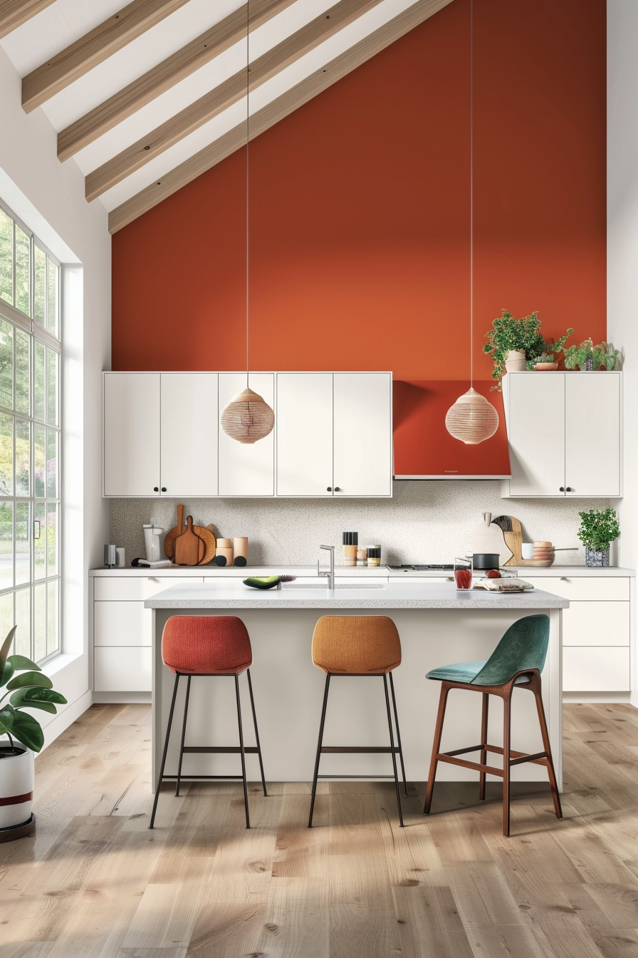 Burnt orange feature wall with white cabinetry