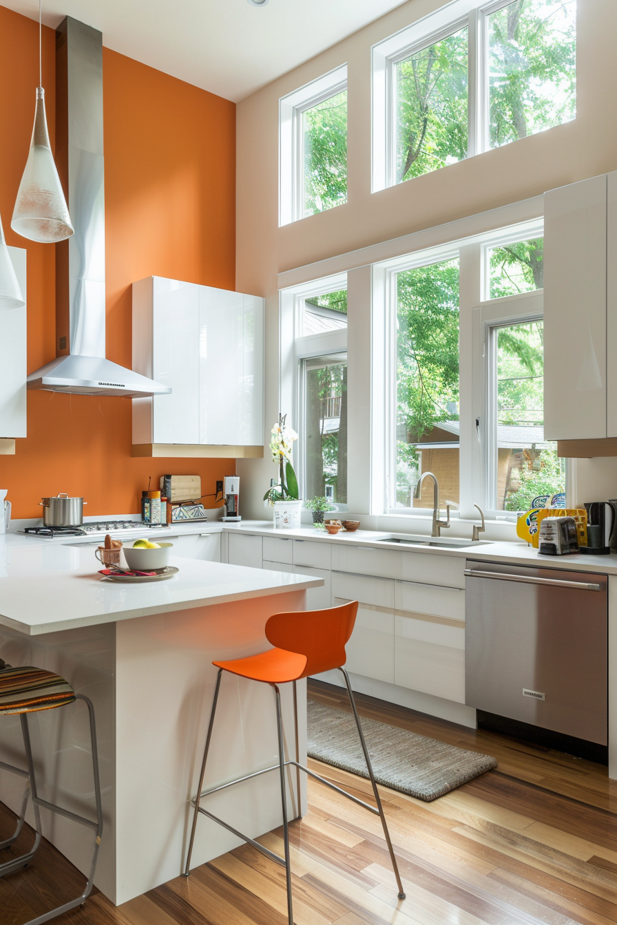 Burnt orange feature wall with white cabinetry