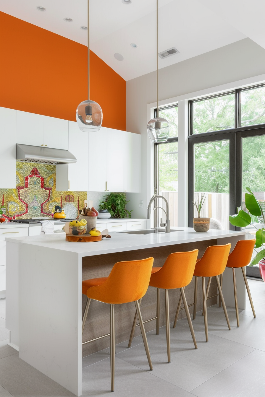 Burnt orange feature wall with white cabinetry