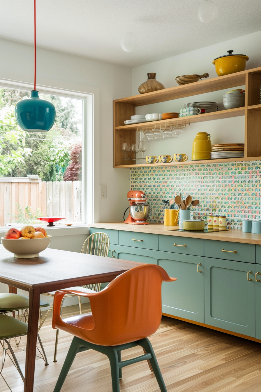 Teal cabinets with avocado green tiles