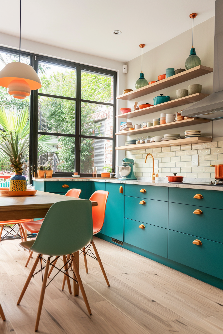 Teal cabinets with avocado green tiles