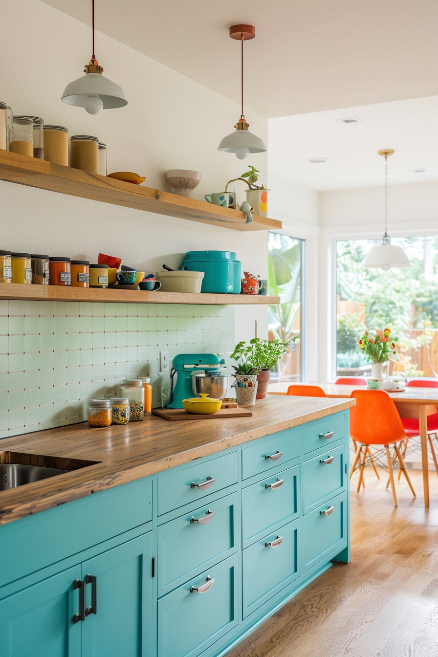 Teal cabinets with avocado green tiles