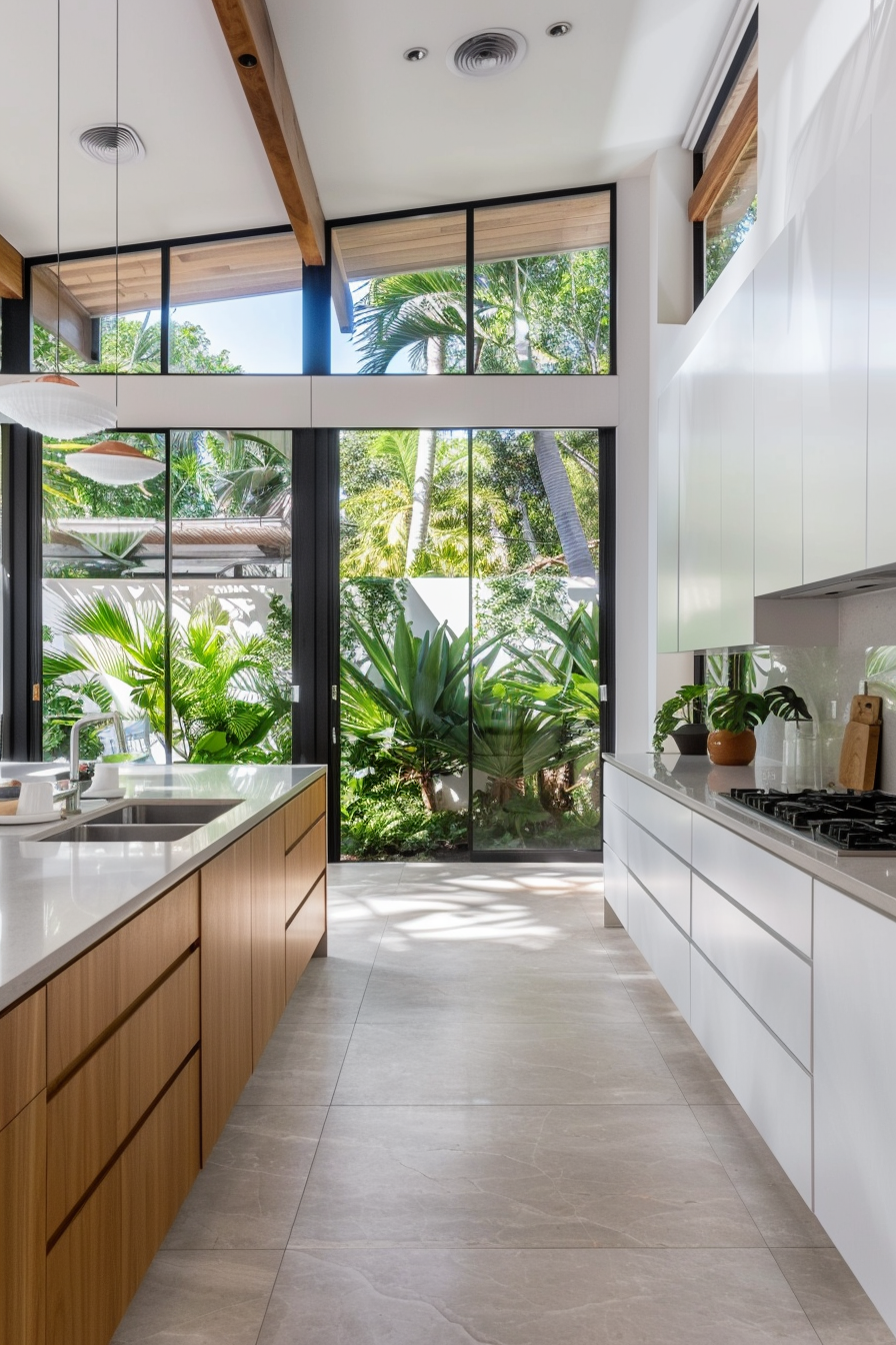 Natural wood finishes with a garden view