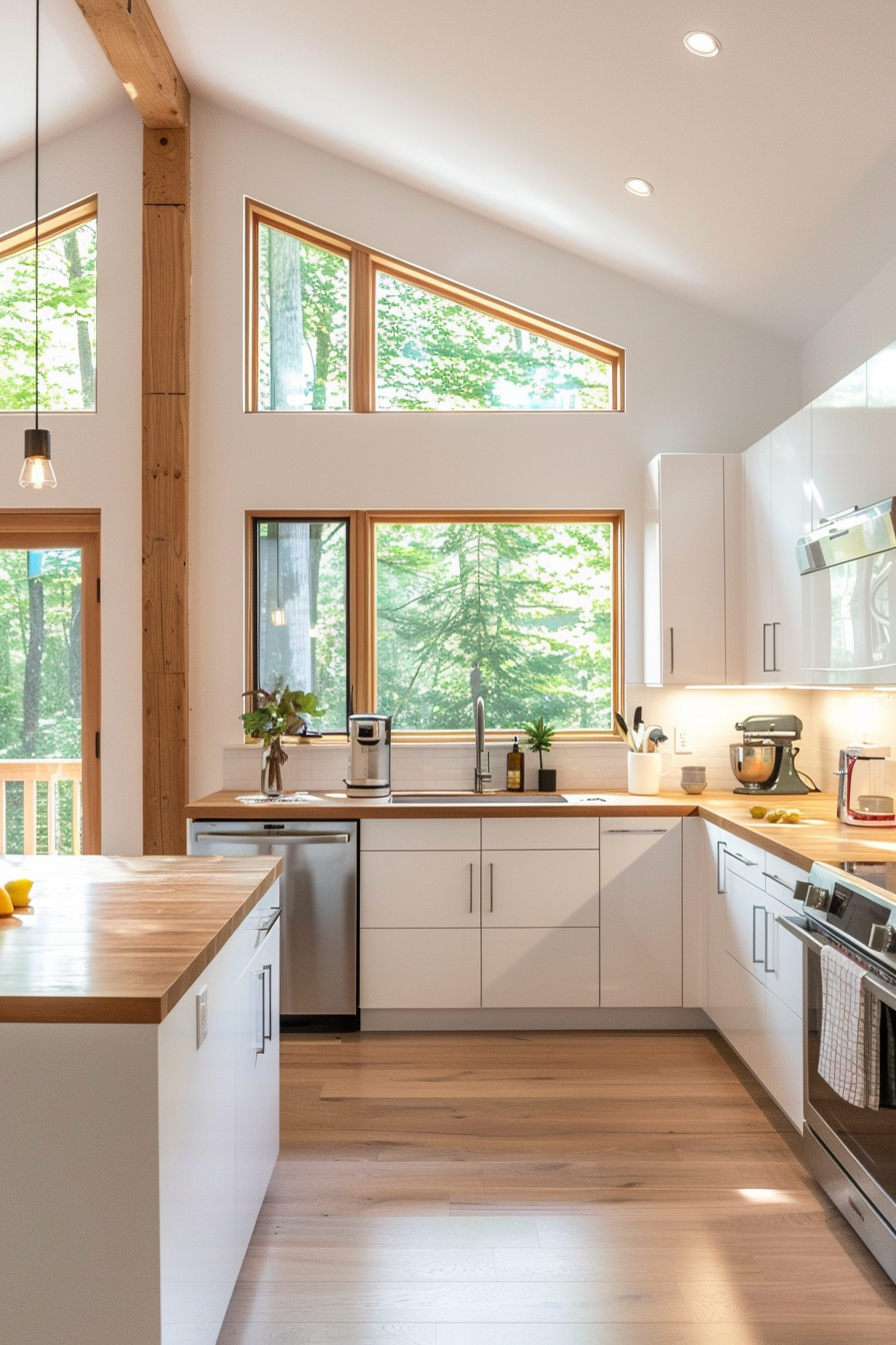 Sleek white cabinets with light wood countertop