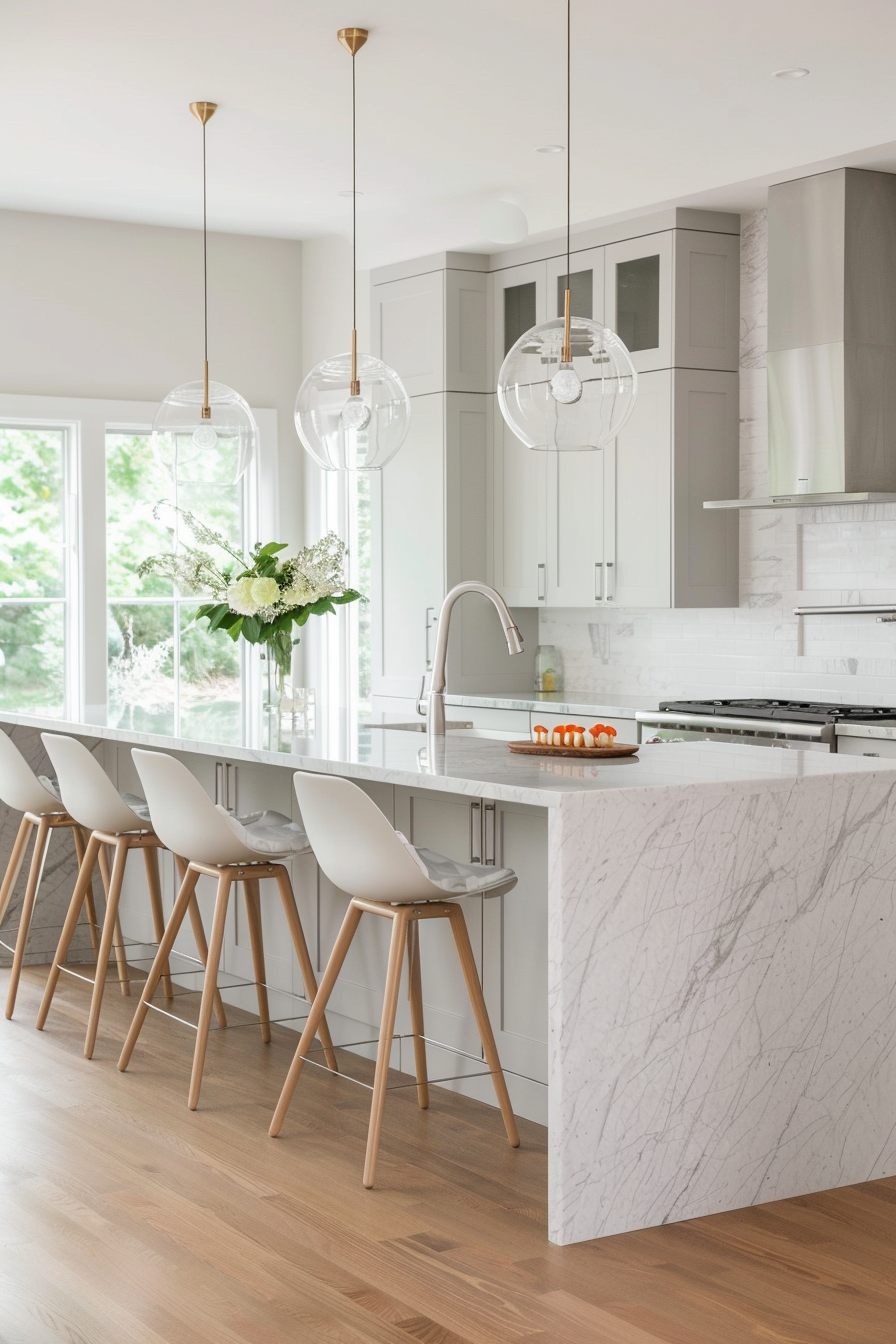 Sleek island with waterfall marble countertop