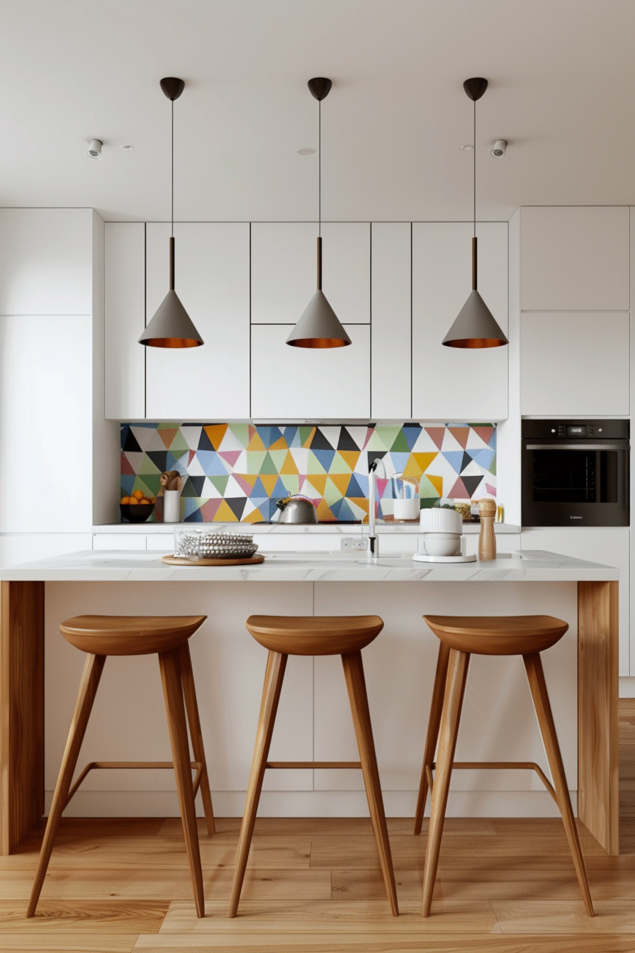 Sculptural pendant lights over kitchen island